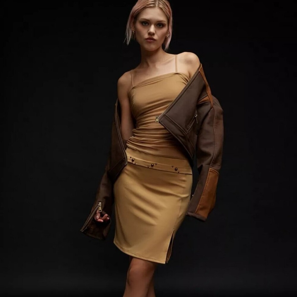 NWT UO Zemeta Mesh Low Belt Y2K Ruched Tan Mini Dress
